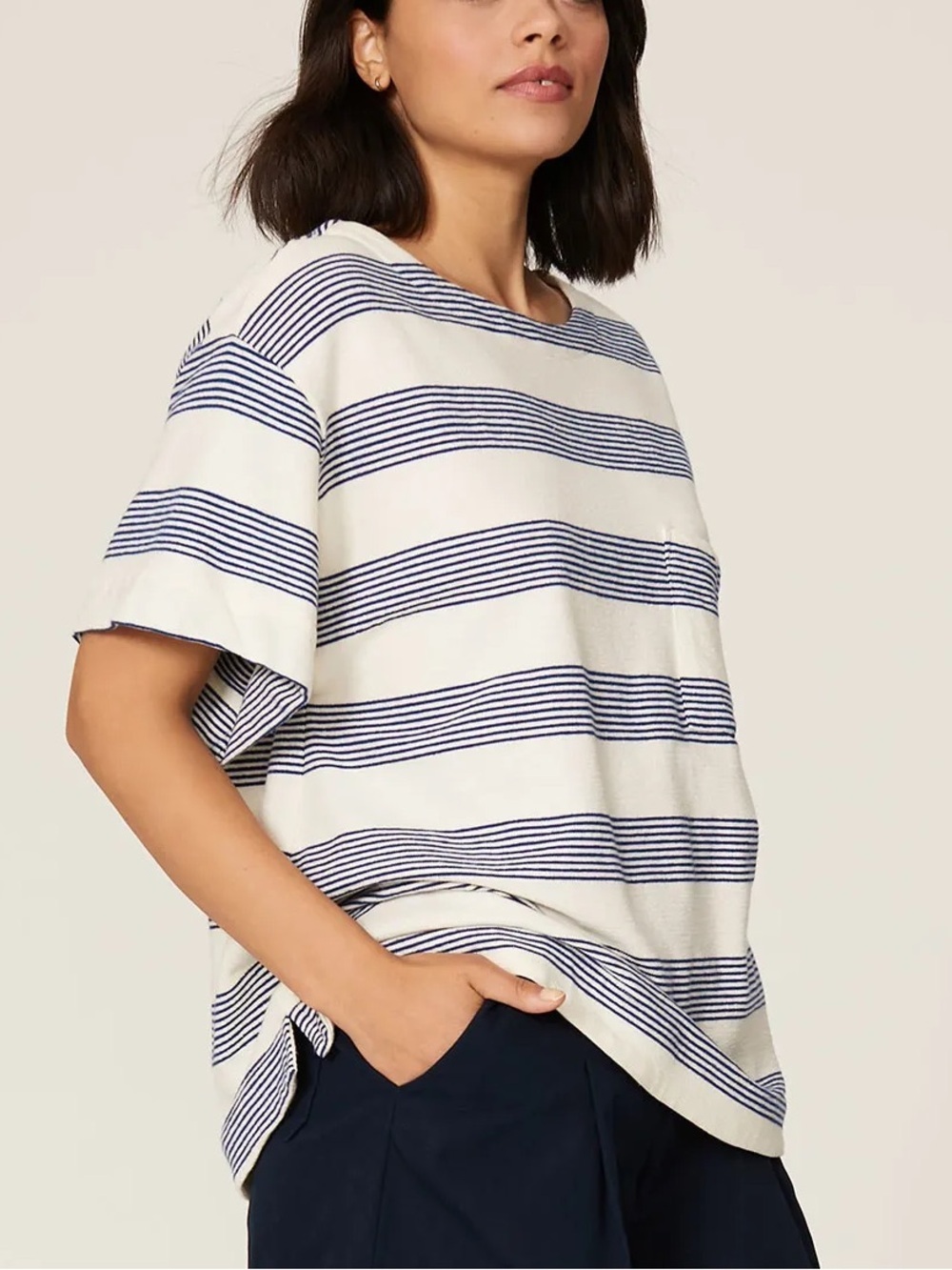 HATCH White & Navy Stripe Cotton Pocket Tee Made in USA Short Sleeve 8459